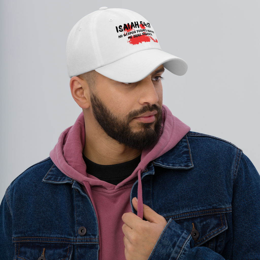 White Unisex Dad hat - No Weapon Formed Against Me Shall Prosper